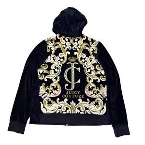 Vintage Juicy Couture Velour Hoodie Womens Size L Blue Y2K Track Jacket Zip Up